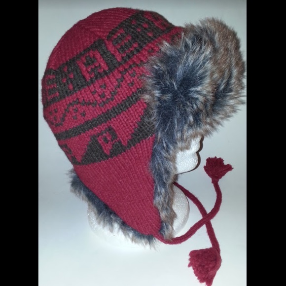 American Eagle Outfitters Other - AE Wool TRAPPER HAT Vegan Fur Unisex RED Snow Ski Beanie Winter Cold Accessory